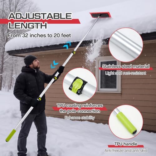 Chumia Adjustable Snow Roof Rake, 12-20ft Telescopic Pole, No-Scratch Rake