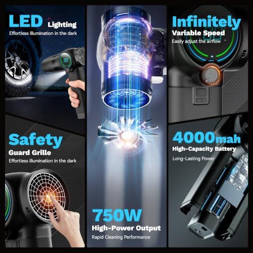 Cordless Leaf Blower with 3 Nozzles, 200KM/H Airspeed 750W Brushless Motor Electric Leaf Blower, 1.6KG Thrust Infinitely Variable Speed, Blowers for Lawn Care, Car Blower for Drying & Snow Removal