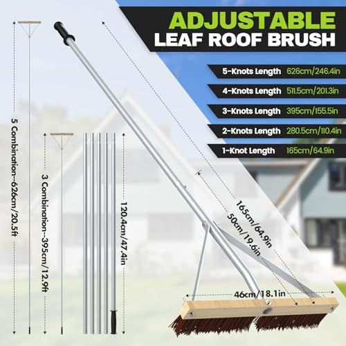 Huracan Leaf Roof Brush and Snow Roof Rake, Cleaning Tool with Gloves, 5-21ft Adjustable Roofs Removal Tool, Anti-Slip Handle Cleaning Brush Extension Aluminum Poles, for Solar Panels Cars Shingles