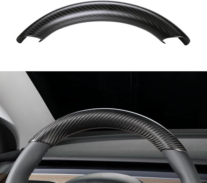 JSWAN Real Carbon Fiber Steering Wheel Cover for Tesla Model 3 2017 to 2023 Model Y 2020 to 2024 Steering Wheel Trim Cover Steering Wheel Wrap Protector Interior Accessories (Matte Black Upper Part)
