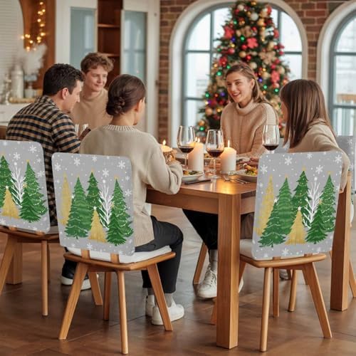 Christmas Tree Chair Back Covers Set of 6 Winter Snowflakes Stars Green Gold Tree Grey Bottom Washable Removable Chair Cover Slipcover Protector for Dining Room Hotel Party Holiday Decor