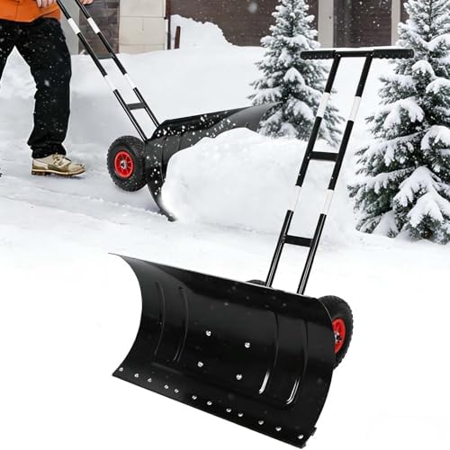 Snow Shovel with Wheels, 29" W Snow Pusher Shovel for Driveway, Sidewalk, Yard, Adjustable Angle & Height, High Blade Design, Black