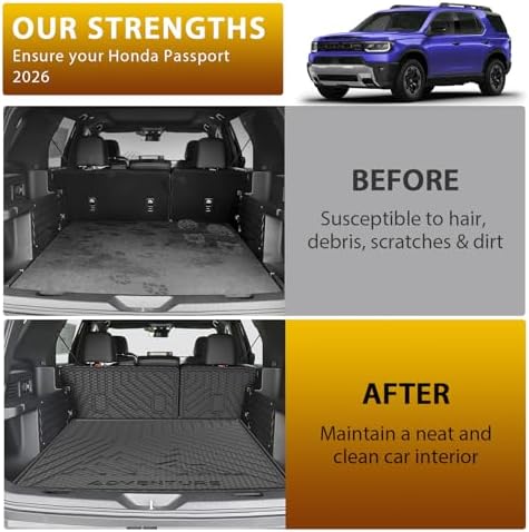 Powerty Floor Mats for Honda Passport 2026 2027, All Weather 3D TPE Anti-Slip Trunk Cargo Liner Seat Back Covers Protectors Full Set Car Accessories