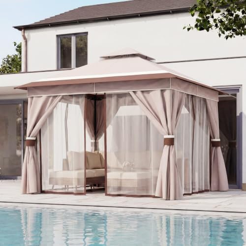 LAUSAINT HOME 10x10 Gazebo Canopy with Netting, Curtains & Double Roof