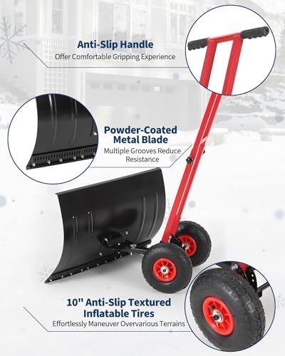 TrailBlaze Heavy Duty Rolling Snow Shovel with Wheels – 29x20in Wide Adjustable Angled Metal Blade – Ergonomic Double Handle – 5-Position Height – Durable Carbon Steel – Ideal for Driveways, Sidewalks