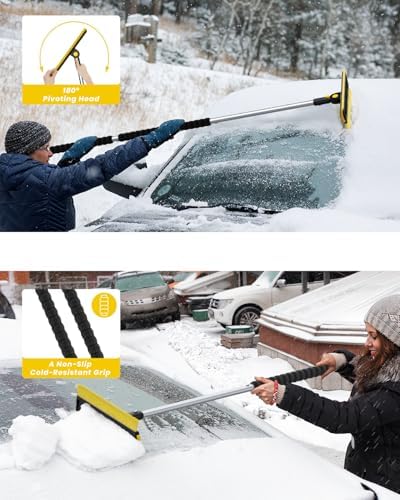 helloleiboo 2025 Extra Long 55.7" Ice Scrapers for Car Windshield Multi-Functional Detachable Car Ice Scraper with Foam Grip and 270° Pivoting Brush Head Snow Brush for SUV Truck Auto(Yellow)