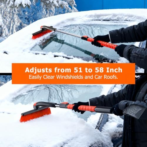 DMJN [2026 Upgrade] 58'' Extendable Car Snow Brush and Ice Scraper [3-in-1] Clean Snow, Ice and Frost, Adjustable Length with 360° Rotating Brush Head, Suitable for All Cars-Large