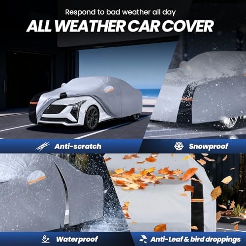 Multi-Layer Car Cover Custom Fit for Cadillac CT5(2019-2026), 100% Waterproof All Weather for Automobiles, Gift with Towel, Heavy Duty Car Covers for Rain Sun UV Protection with Door Zipper