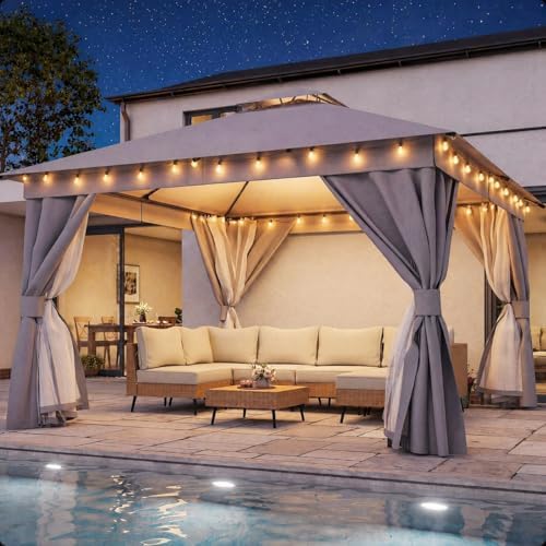 LAUSAINT HOME 12x12 Gazebo with Lights, Netting, Curtains & Double Roof
