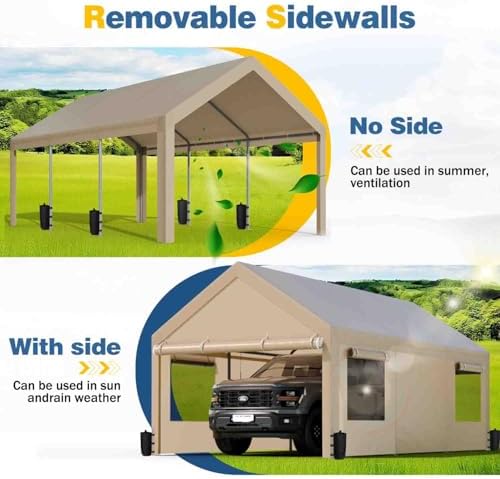 JAMFLY 10x20 ft Heavy Duty Portable Carport Garage, Camel