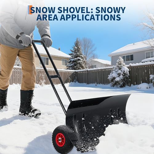 Garvee Large 30in W Heavy Duty Snow Shovel with Ergonomic Handle for Driveway, Push Snow Plow Shovel with Adjustable Handle, Angled Blade and Wheels, Snow Removal for Driveway, Courtyard