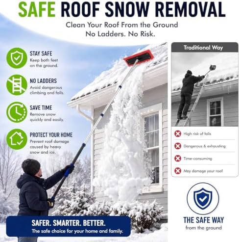 BreezeHug 24ft Roof Snow Rake 2 in 1 Extension Rod EVA Foam Brush