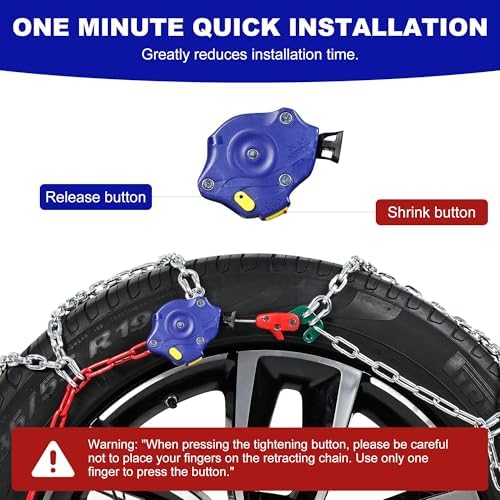 Auto-Tightening Snow Chains, 1-Minute Quick Install Tire Chains for Cars/SUVs/Trucks, 4.5MM Heavy-Duty Emergency Traction, Set of 2