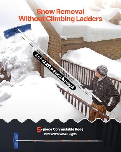 VEVOR Snow Roof Rake, 24 in PP Plastic Blade, 3.8-18.2 ft Adjustable Roof Snow Scraper with Wheels, Anti-Slip Handle Snows Removal Tool, Lightweight House Rooftop Rake for Leaves Debris Removal