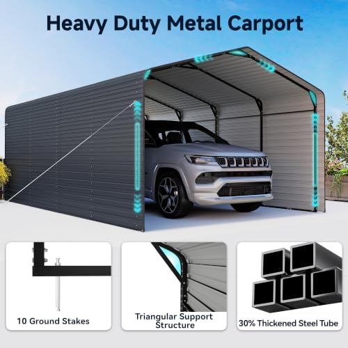 Real Relax 12x20 FT Heavy Duty Enclosed Metal Carport, Gray