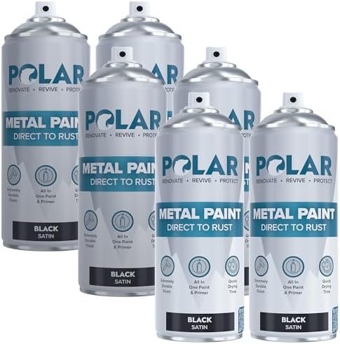 Polar Satin Black Direct to Rust Spray Paint - 6 x 13.5fl oz - Protect and Stop Rust & Corrosion - Primer, Undercoat, Topcoat - Quick Dry Formula - Ideal for Metal, Wood, Plastic and Ceramic Surfaces