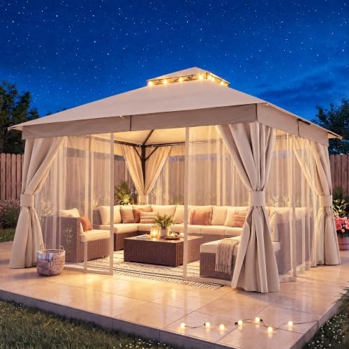 LAUSAINT HOME 12x12 Gazebo Canopy with Netting, Curtains & Double Roof