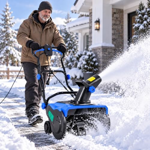 Corded Electric Snow Thrower, 20 Inch 15 Amp, 30 Ft Throwing, 180° Chute, 3100 RPM Auger, 10 Inch Clearing Depth, 120V/60Hz Power, Driveway, Sidewalk and Patio Snow Removal (Blue)