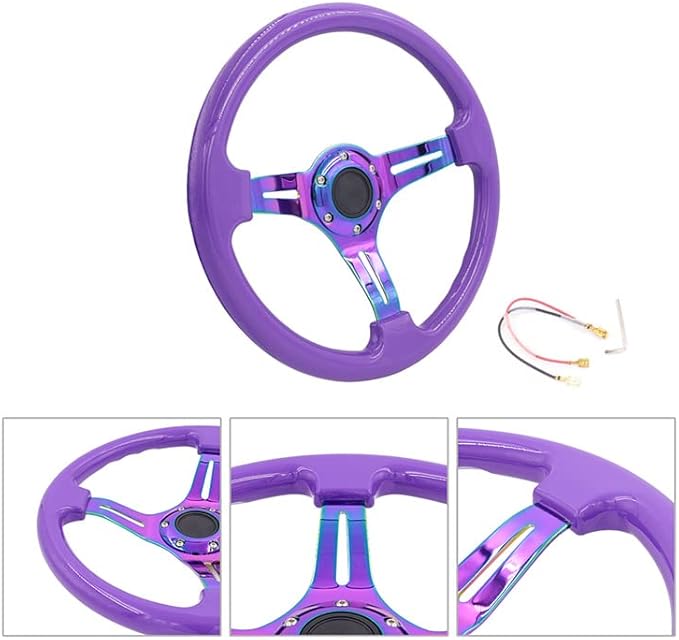 350mm 14" Racing Sport Steering Wheel Drifting Deep Dish 6 Bolts Purple Classic ABS Steering Wheel with Neo Chrome Spoke and Horn Button