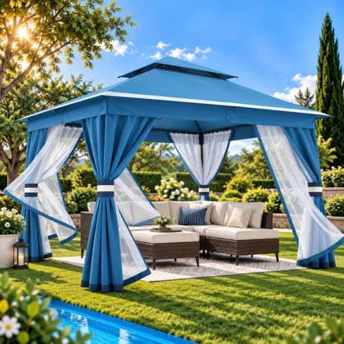 LAUSAINT HOME 10x10 Gazebo Canopy with Netting, Curtains & Double Roof