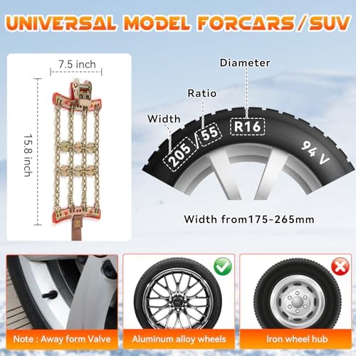 Snow Chains for Car SUV Pickup Trucks, Adjustable Portable Universal Emergency Anti Skid Snow Car Tire Chains for Tire Width 175 185 195 205 215 220 225 235 240 245 255 265, 6 Pack