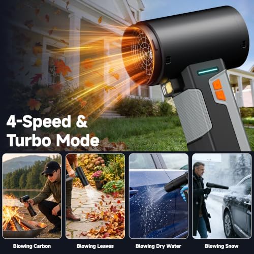 Cordless Car Dryer Air Blower, 1.6KG Turbo Thrust,4-Speed Rechargeable Electric Leaf Blower with LED Light,4000mAh Battery,64mm Turbo Fan&3 Nozzles for Car Drying, Leaves&Snow