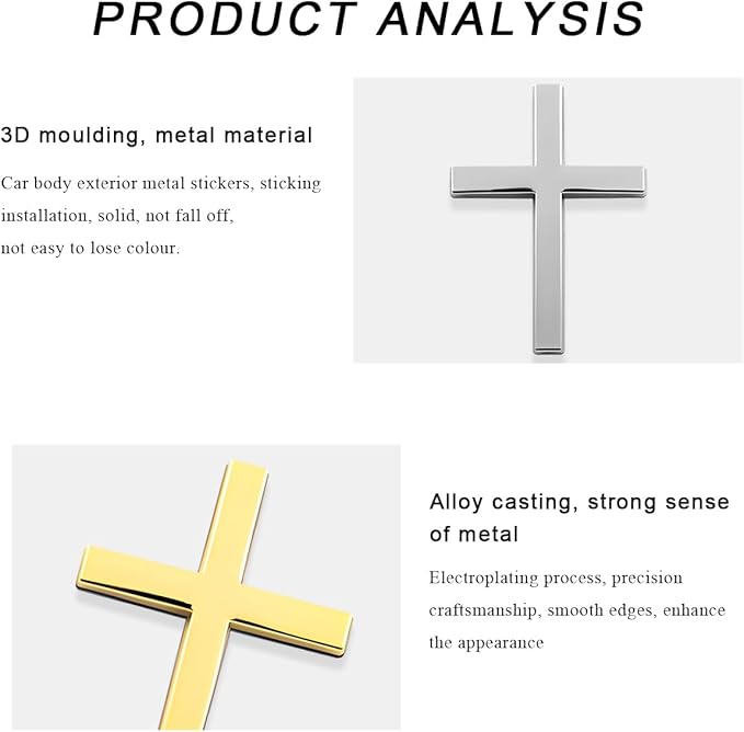 DXNQ 2PCS Metal Jesus Christ Cross Badge Stickers, 2.5"×1.8" Alloy 3D Individual Car Cross Sticker, Self Adhesive Scratch Covering Metal Cross Auto Emblem Decal for Car Body Fender Tail (Silver+Gold)