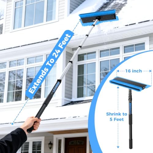 Year-Round Roof Rakes for Snow, Leaves & Moss – 16” No-Scratch Foam Blade & Roof Brush, 4.7-24ft Telescoping Snow Rake for Roof, Solar Panels, RVs & Cars, C-Shaped Push/Pull -Patent Pending