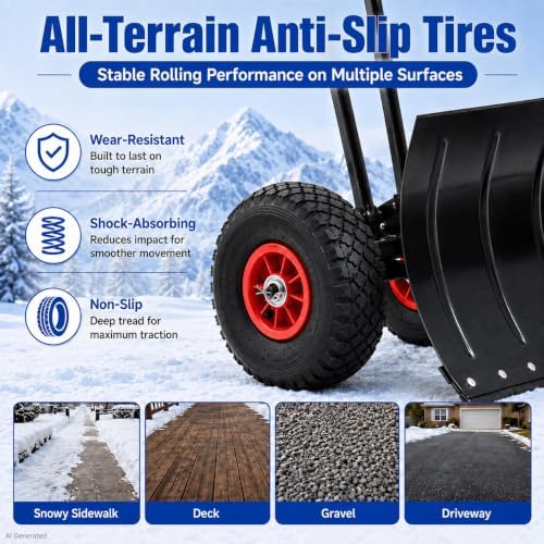 29" Metal Snow Shovel with Wheels, Ergonomic Handle for Snow Removable
