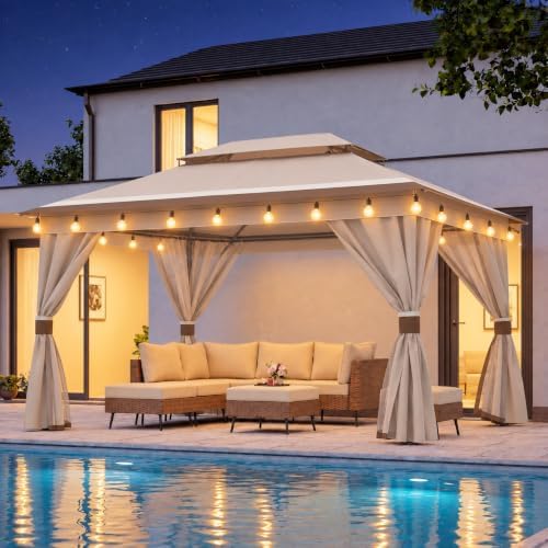 LAUSAINT HOME 12x12 Gazebo with Lights, Netting, Curtains & Double Roof