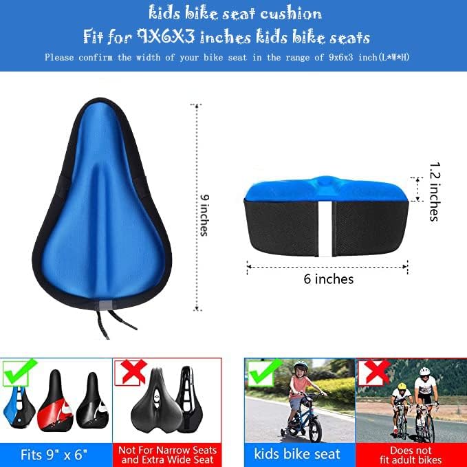 Kids Gel Bike Seat Cushion Cover for Boys & Girls, 9"x6" Breathable & Extra Soft Memory Foam Children Bicycle Saddle Pad with Water&Dust Resistant Cover