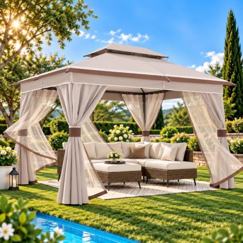 LAUSAINT HOME 12x12 Gazebo Canopy with Netting, Curtains & Double Roof