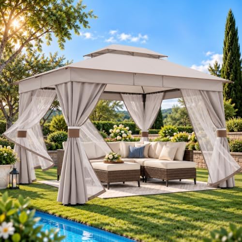 LAUSAINT HOME 10x12 Gazebo Canopy with Netting, Curtains & Double Roof