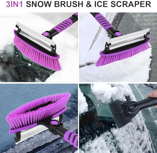 3 in 1 Snow Brush with Ice Scraper for Car Windshield Extendable, SUV Snow Removal with Squeegee Heavy Duty, 180° Rotating Head Car Window Cleaner for Winter 43 inch