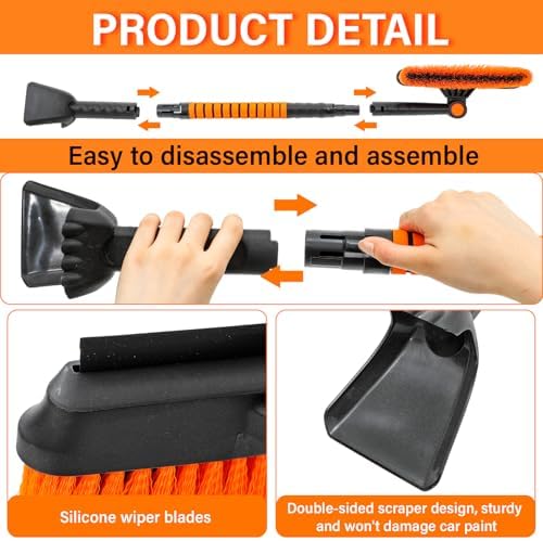 1 Pcs 33" to 39" Extendable Snow Brush and Ice Scraper for Car Windshield 3 in 1 Telescoping Handle with Detachable Brush Squeegee Foam Grip for Car SUV Truck Snow Winter Removal Orange
