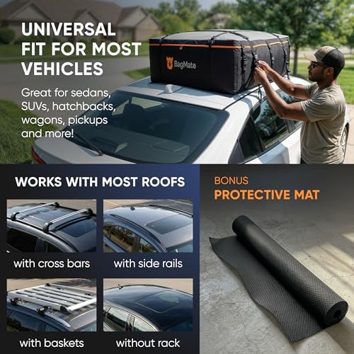 19 Cubic Feet Roof Bag – Safety Tested Heavy-Duty Waterproof Rooftop Cargo Carrier for All Cars & SUVs (with or Without Rack) – Includes Protective Mat & Storage Bag – Military-Grade 840D PVC