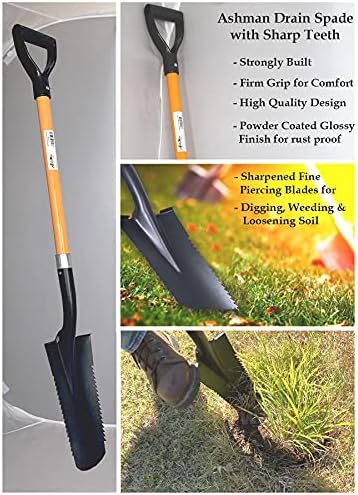 Ashman Drain Spade Teeth Shovel (2 Pack) - 48 Inches Long Handle Spade with D Handle Grip - Durable Handle with a Thick Metal Blade - Multipurpose Premium Quality Orange
