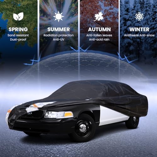 Multi-Layer Car Cover Custom Fit for Ford Crown Victoria (1991-2010), 100% Waterproof All Weather for Automobiles, Gift with Towel, Heavy Duty Car Covers for Rain Sun UV Protection with Door Zipper.