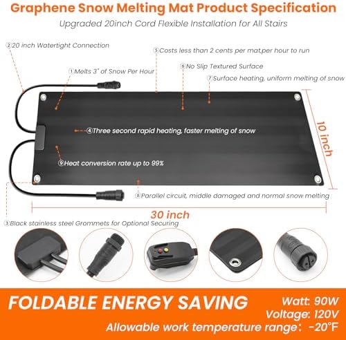 Graphene Snow Melting Mats for Stairs,10"x30" with Plug
