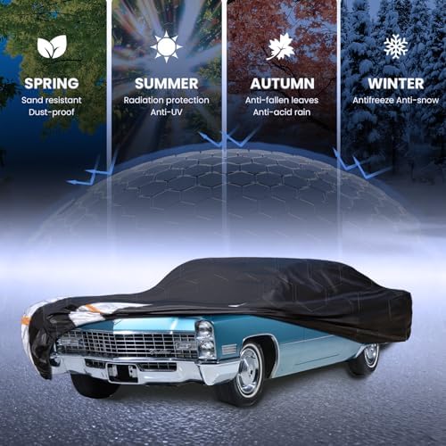 Multi-Layer Sedan Car Cover Custom Fit for Cadillac DeVille(1960-1980), 100% Waterproof All Weather for Automobiles, Gift with Towel, Heavy Duty Car Covers for Rain Sun UV Protection with Door Zipper.