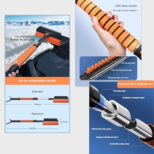 Snow Brush and Ice Scraper for Hino 195 155 268 268A 338 Electric Trucks (Concept), with Shovel, Extendable Handle, 360° Rotating Head, Detachable Sections, 5-in-1 Car Snow Cleaning Tools