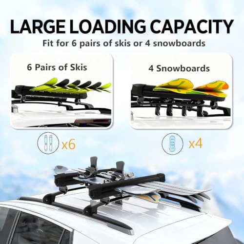 Universal Ski Roof Rack for Crossbars Fits 6 Pair Skis or 4 Snowboards