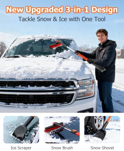 DMJN [2026 Upgrade] 58'' Extendable Car Snow Brush and Ice Scraper [3-in-1] Clean Snow, Ice and Frost, Adjustable Length with 360° Rotating Brush Head, Suitable for All Cars-Large