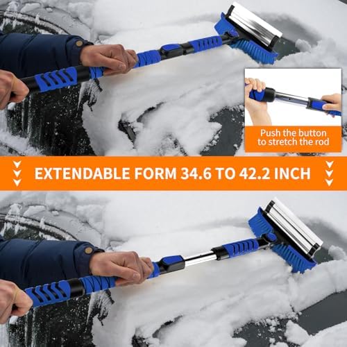 METOWARE 44" Ice Scraper and Snow Brush for Car Windshield, Extendable Heavy Duty Ice Remover with 360° Pivoting Head for SUV Truck, Ergonomic Grip, Blue