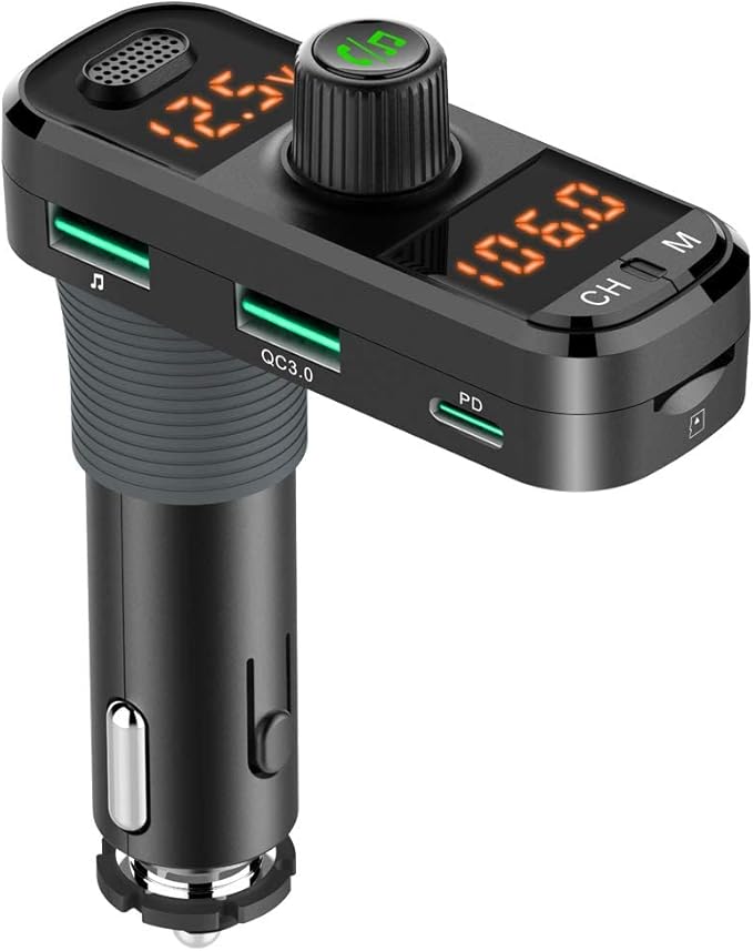 Bluetooth 5.0 Car Change Radio Receiver with 2 Stronger Microphones, 41W PD QC 3.0 USB Car Charger, Aux in/Out Wireless Audio Music Adapter, with Hands Free Calls and Voice Assistant