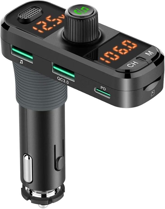 Bluetooth 5.0 Car Change Radio Receiver with 2 Stronger Microphones, 41W PD QC 3.0 USB Car Charger, Aux in/Out Wireless Audio Music Adapter, with Hands Free Calls and Voice Assistant