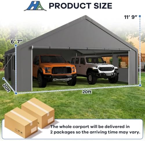 20x20 Heavy Duty Carport, Large 2 Car Ports, Grey