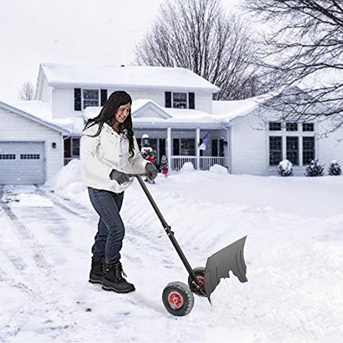 TUFFIOM Snow Pusher Shovel for Driveway with Wheels, 29"/39" Wide Heavy Duty Push Snow Plow Shovel, Wheeled Rolling Snow Shovels for Removal Adjustable Angle & Height Handle (Black(29 inch))
