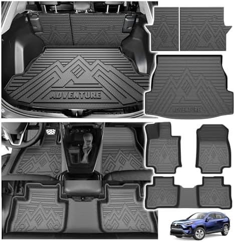 Powerty Floor Mats for Toyota RAV4 2019-2025, All Weather 3D TPE Anti-Slip Trunk Cargo Liner Seat Back Covers Protectors Full Set Car Accessories