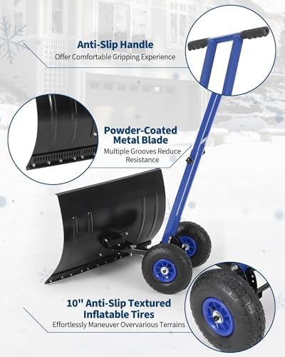 Snow Shovel with 29.13x19.8 in Wide Blade, Heavy Duty Rolling Snow Pusher